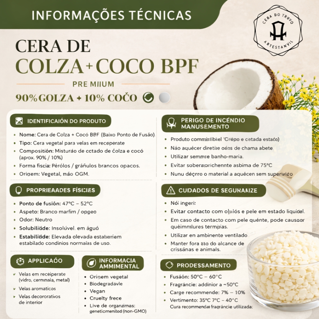 Cera de colza e coco em pérolas brancas em recipiente com flores e coco ao fundo
