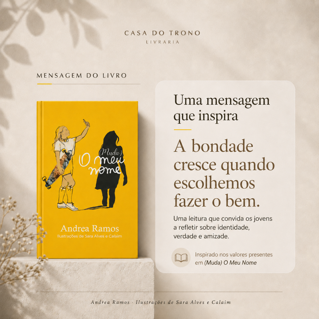 Livro amarelo (Muda) O meu nome com ilustração de rapariga e sombra, em fundo claro com texto promocional.