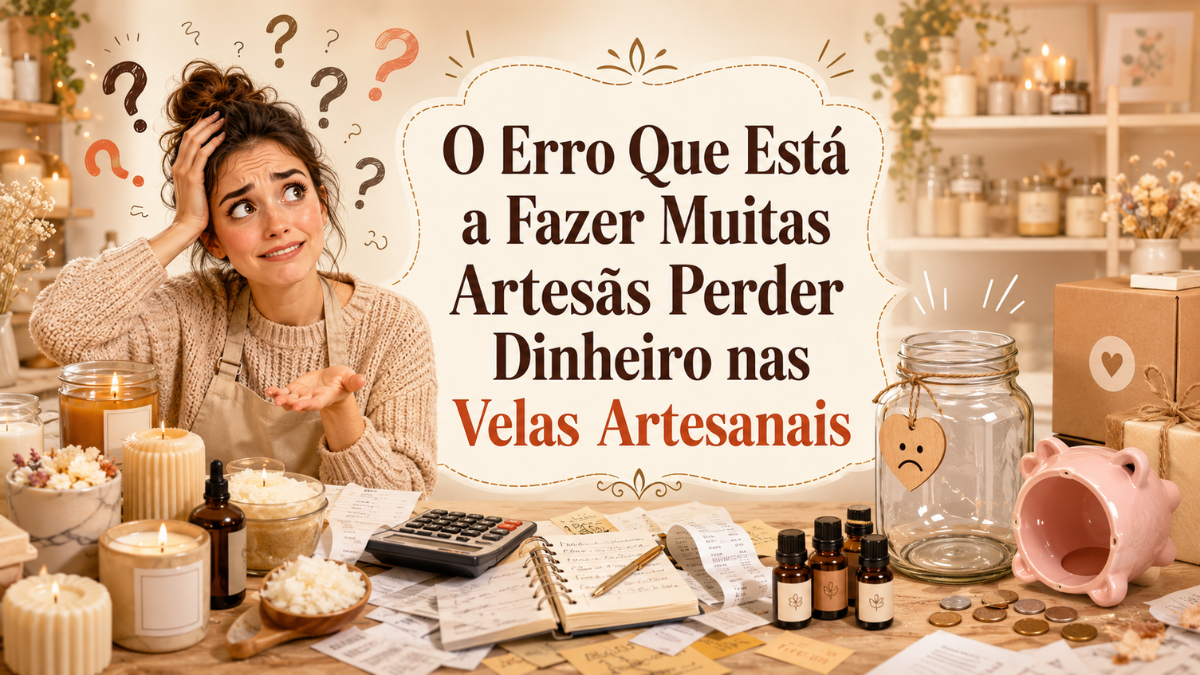 Mulher confusa em mesa com velas artesanais, calculadora, papéis, frascos e cofrinho, texto explicativo ao fundo.