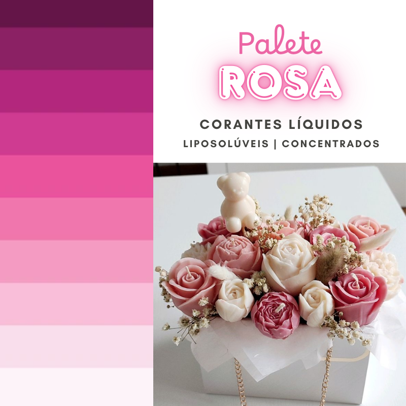 Palete de cores rosa e caixa com arranjo floral em tons de rosa e branco com urso pequeno