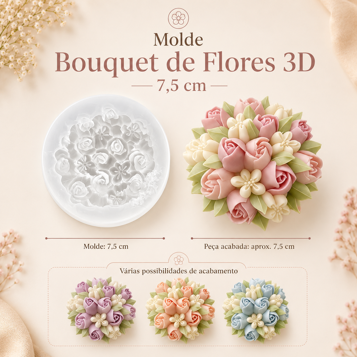Molde 3D de buquê de flores e exemplos de peças acabadas coloridas.