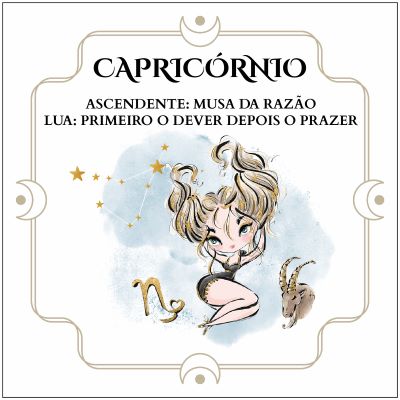 Ilustração estilo cartoon com tema do signo Capricórnio e texto explicativo em português.