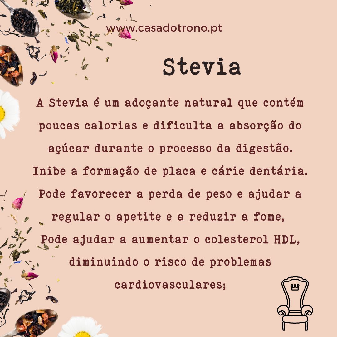 Texto informativo sobre Stevia com decoração floral e URL www.casadotrono.pt