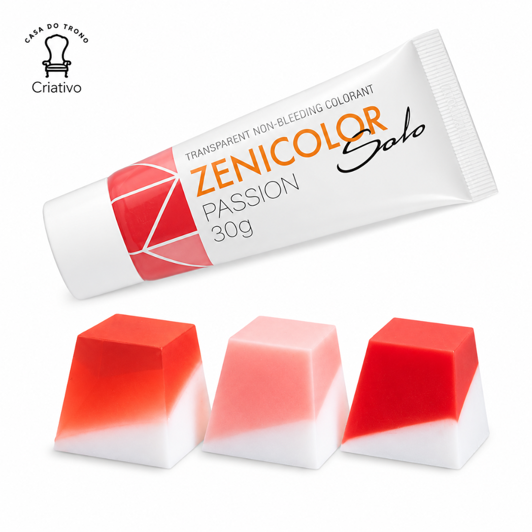 Tubo de corante Zenicolor Solo com peças trapezoidais coloridas em degradê vermelho e branco