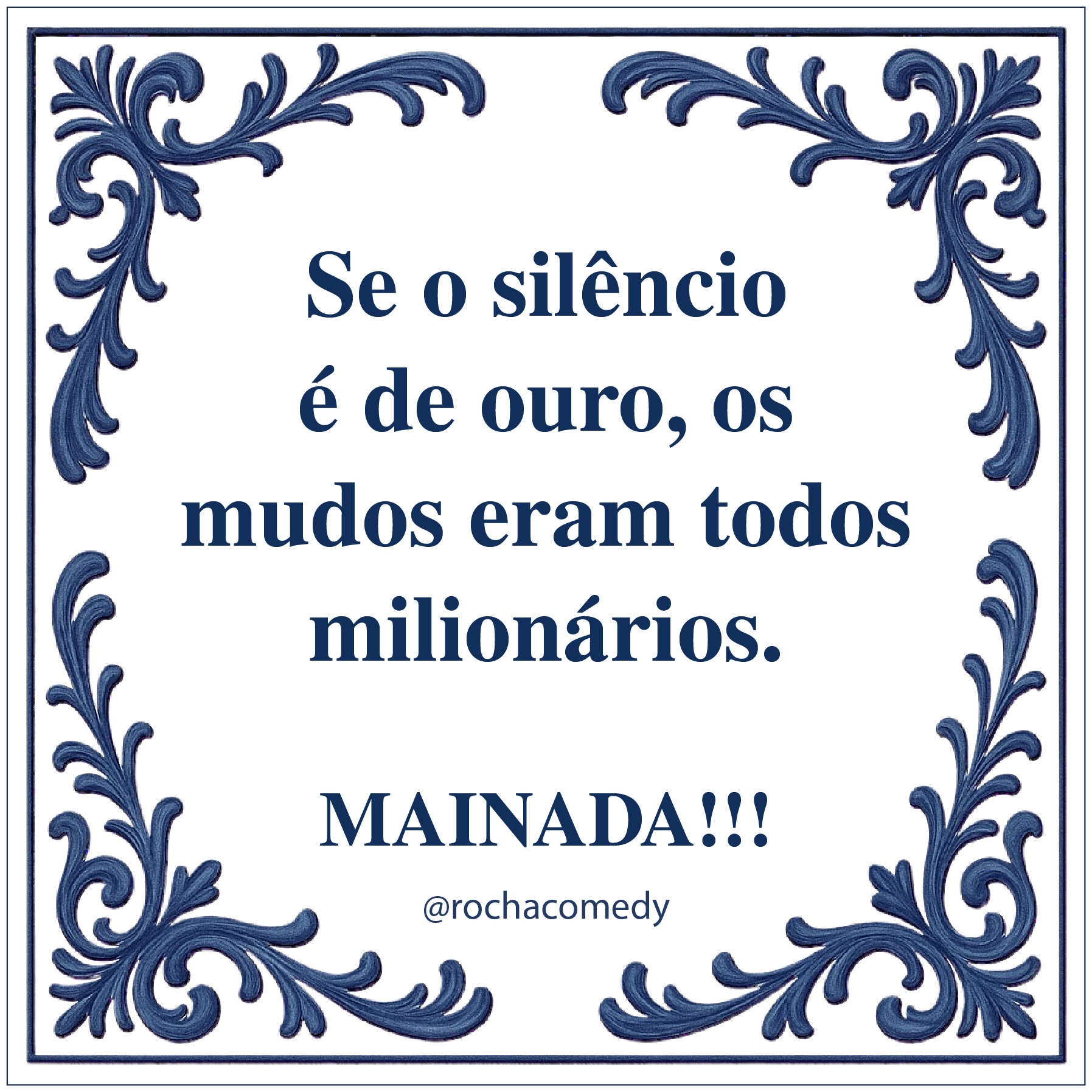 Azulejo branco com texto e decoração azul