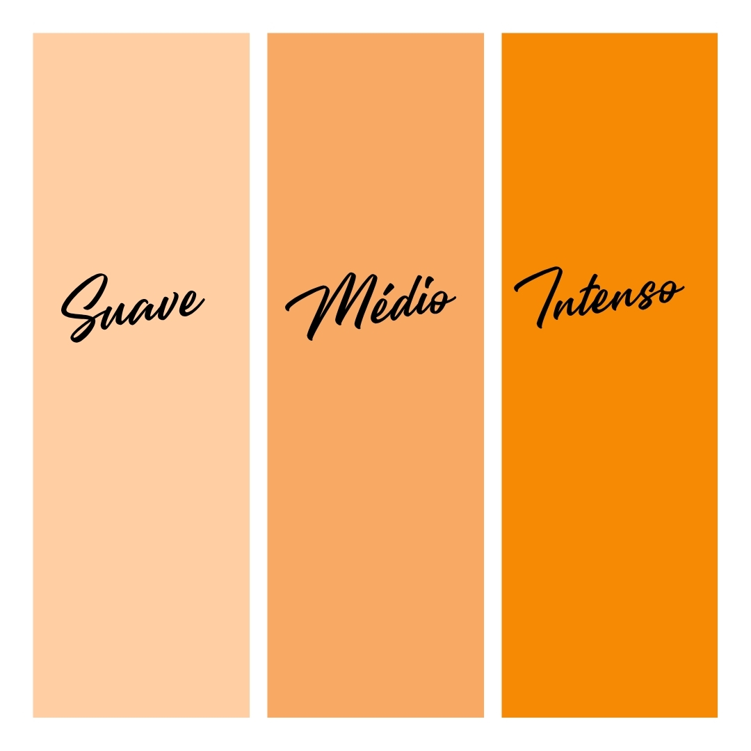 Três painéis verticais com as palavras Suave, Médio e Intenso em diferentes tons de laranja.