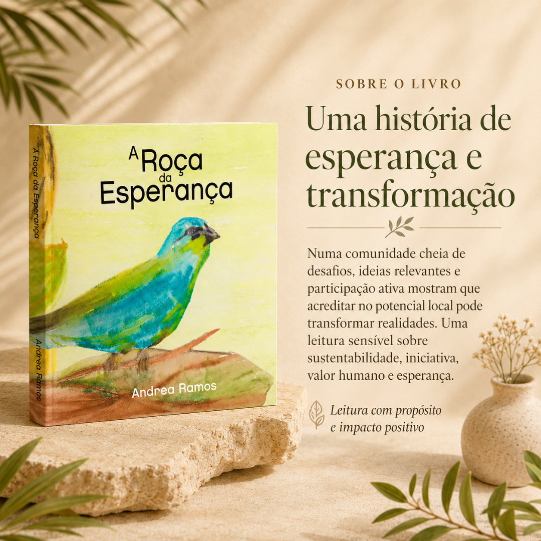 Livro A Roça da Esperança com capa amarela e ilustração de pássaro, texto e vaso com flores secas