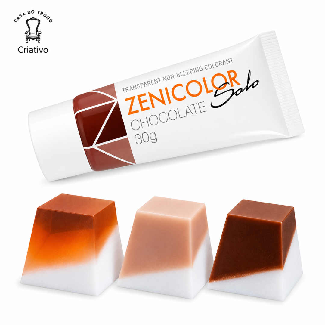 Tubo de corante ZENICOLOR Solo chocolate com três cubos coloridos em tons castanho, rosa e branco.