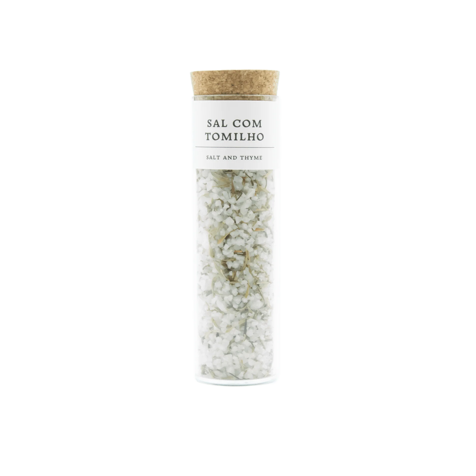 Frasco de vidro com sal e tomilho e tampa de cortiça