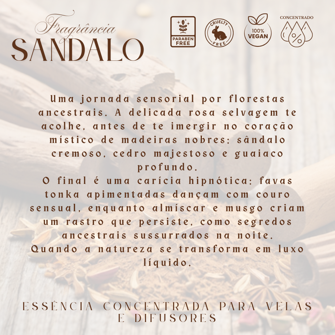 Descrição de essência concentrada para velas e difusores com fragrância Sândalo, ícones de paraben free, cruelty free, 100% vegan e concentrado