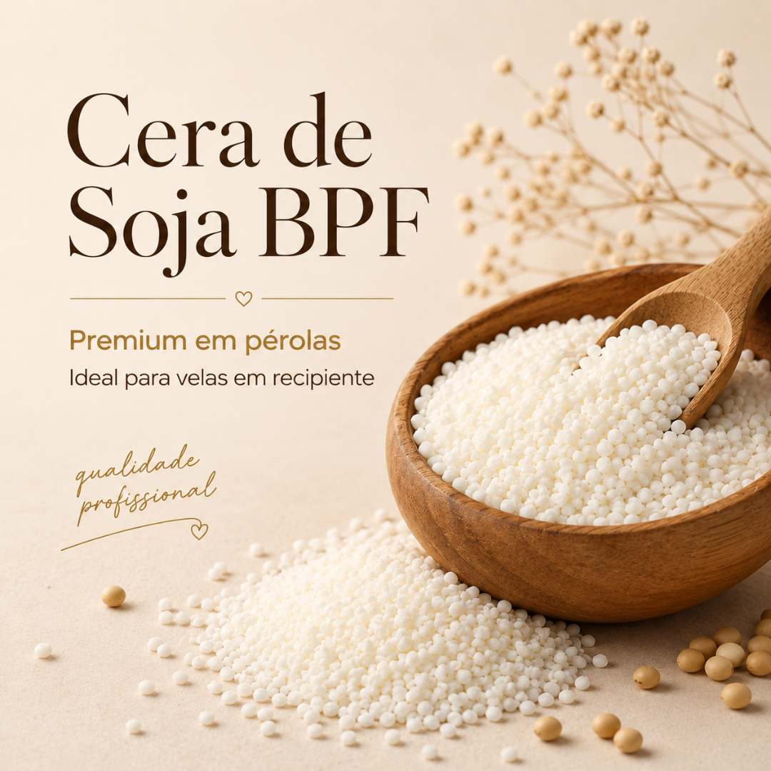 Cera de soja em pérolas brancas em recipiente de madeira com colher e texto em português ao lado