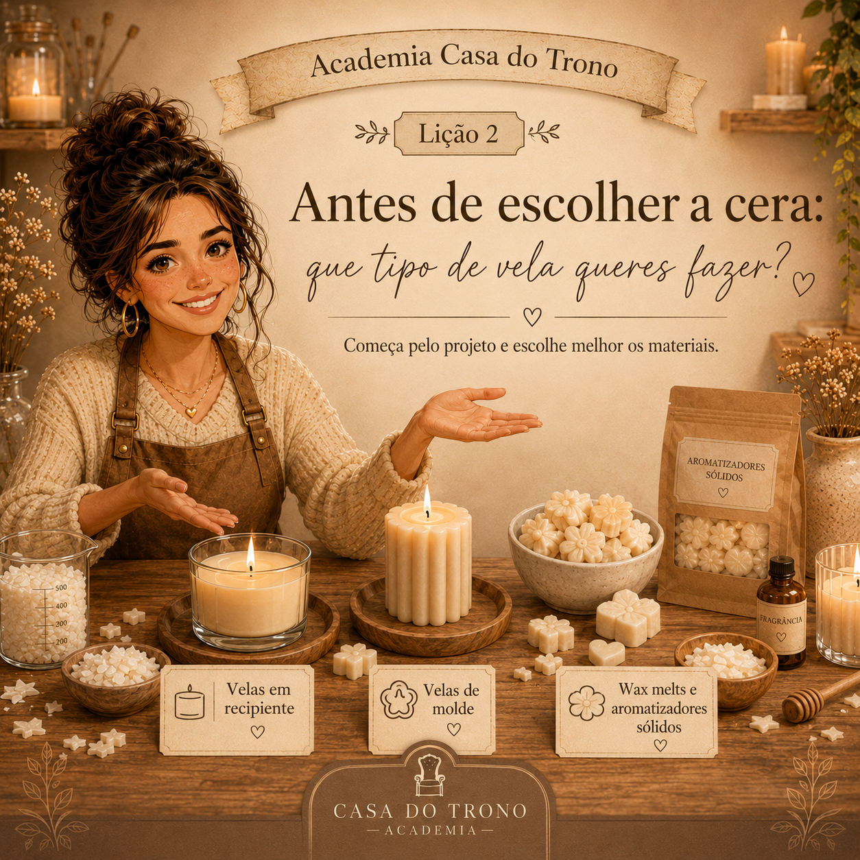Li&ccedil;&atilde;o 2 da Academia Casa do Trono sobre como escolher a cera certa para velas artesanais