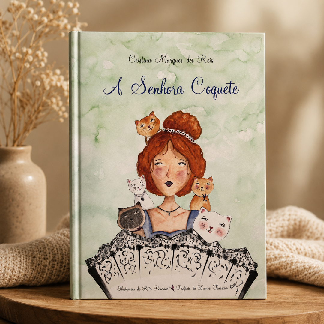 Livro A Senhora Coquete com ilustração de mulher ruiva e cinco gatos
