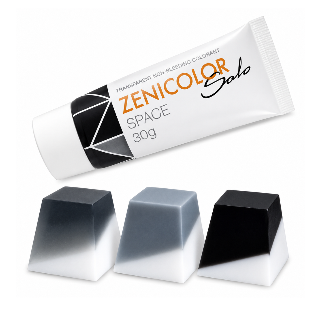 Tubo branco de corante com três blocos coloridos gradientes cinza e preto
