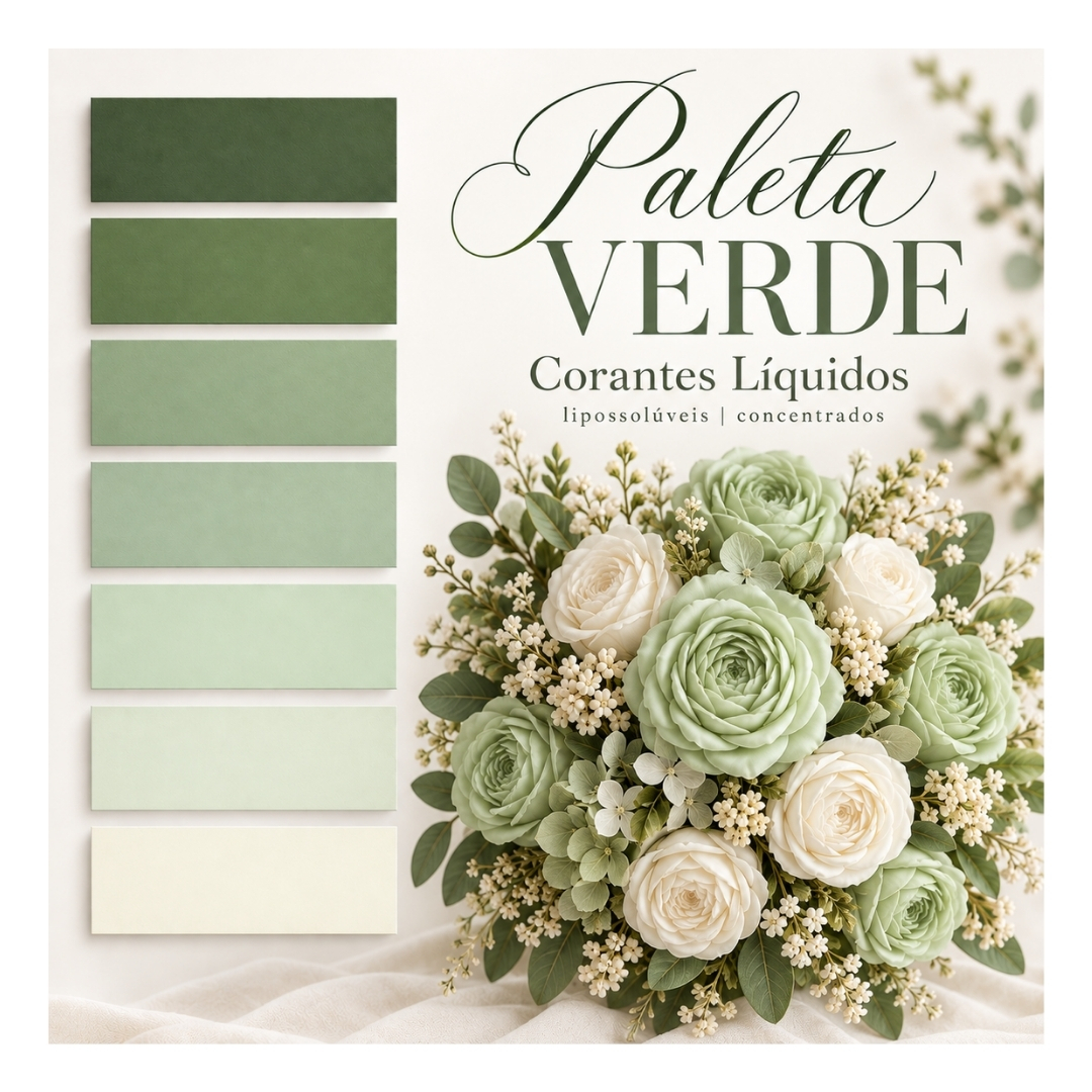 Paleta de cores verde com flores e texto sobre corantes líquidos