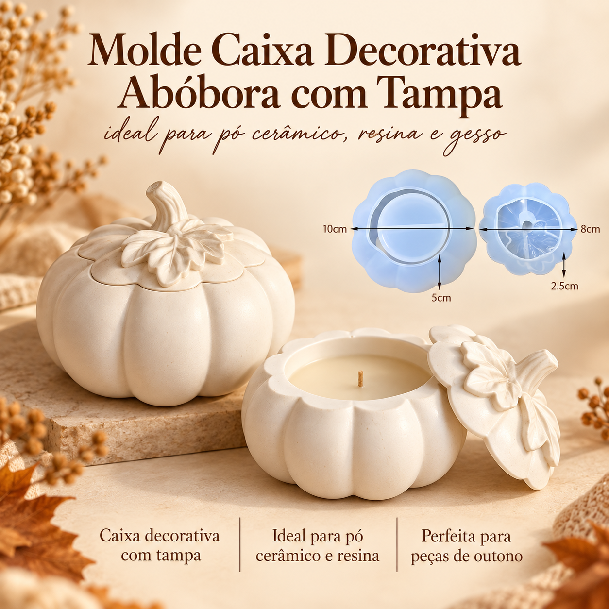 Molde de silicone para caixa decorativa em forma de abóbora com tampa e dimensões indicadas