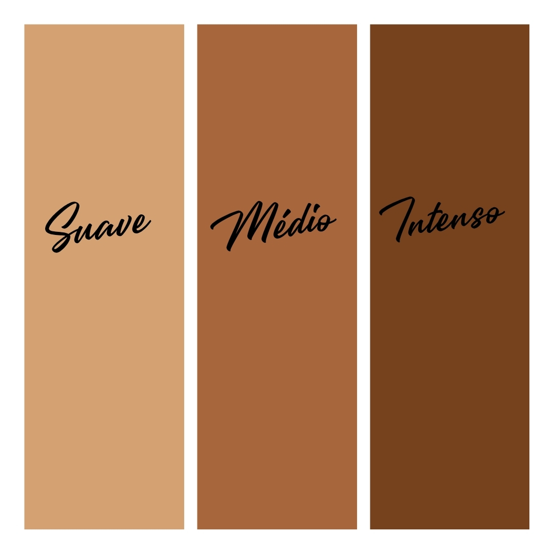 Três retângulos de cores castanhas com texto Suave, Médio e Intenso