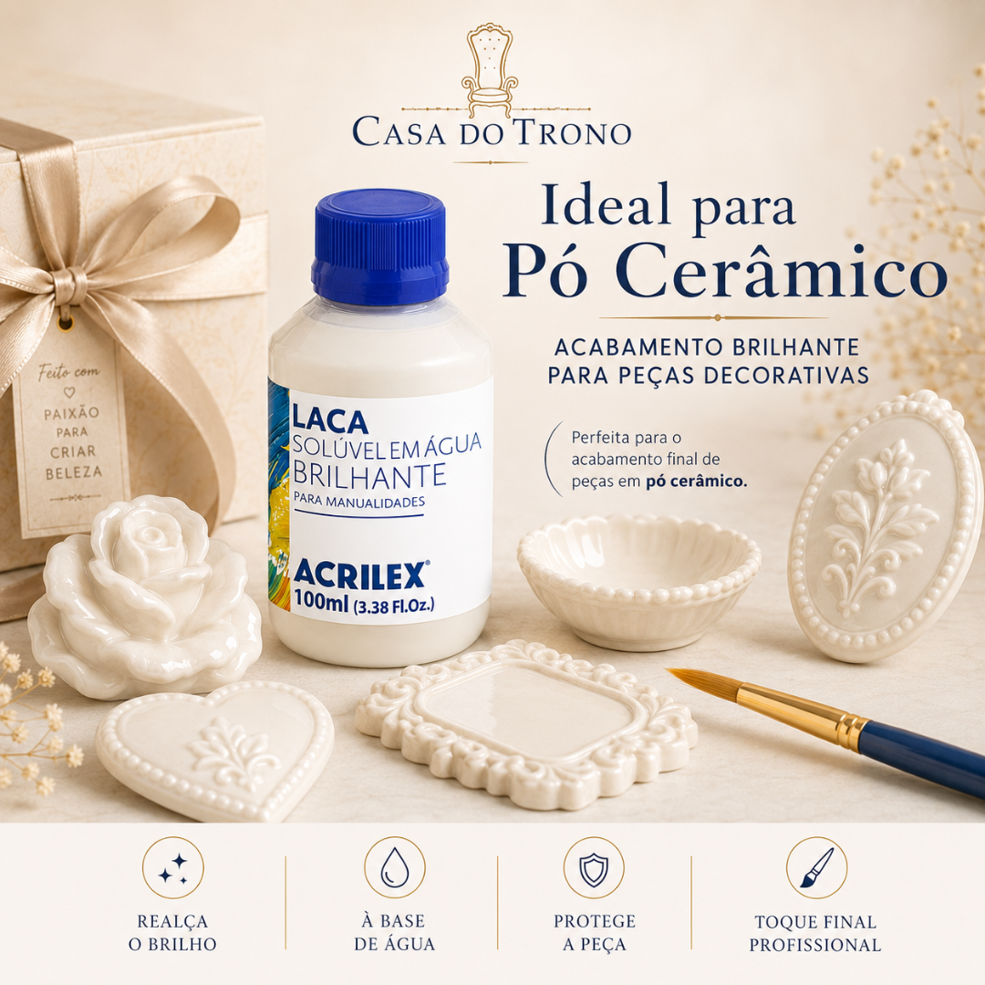 Laca brilhante solúvel em água Acrilex com peças decorativas em pó cerâmico branco ao lado