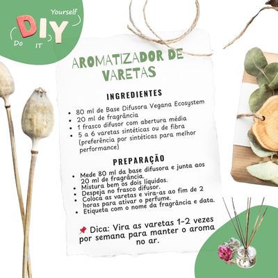 Instruções para aromatizador de varetas com ingredientes e preparação, sobre fundo com elementos naturais.