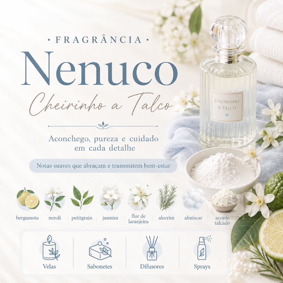 Fragrância Nenuco Cheirinho a Talco em garrafa de vidro com flores e toalhas