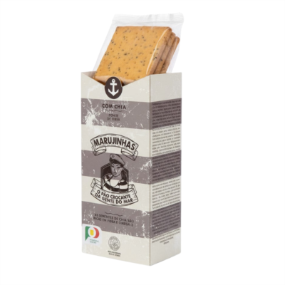 Pack de bolachas crocantes Marujinhas com chia na embalagem cinza e branca com ilustração de marinheira