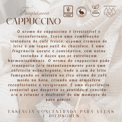 Texto de essência concentrada para velas e difusores com fragrância Cappuccino.