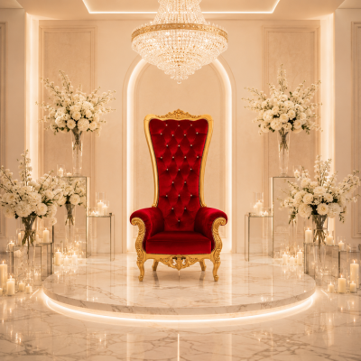 Cadeira trono barroca vermelha com flores e velas em ambiente luxuoso