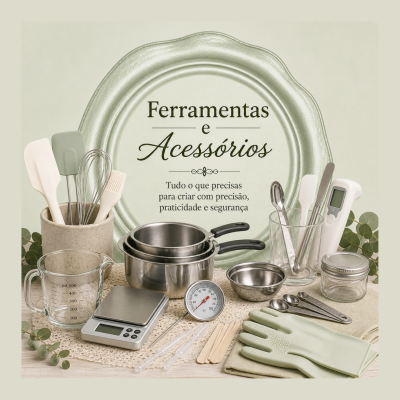 Ferramentas e acessórios de cozinha em aço inox, vidro e silicone com texto de apresentação