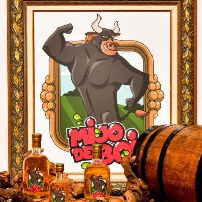 Frascos de bebida com rótulo de touro e texto 'MIJO DE BOI' em frente a quadro e barril de madeira