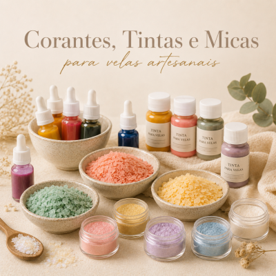 Corantes, tintas e micas coloridas em frascos e tigelas para velas artesanais sobre superfície bege