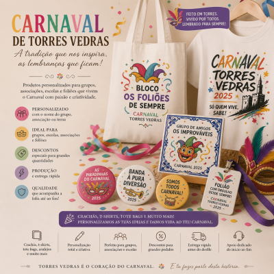 Produtos personalizados do Carnaval de Torres Vedras 2025 com t-shirt, tote bag, crachás, badges e placa decorativa coloridos