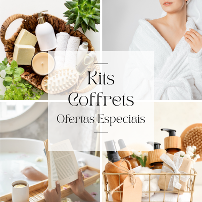 Produtos de cuidados pessoais, mulher com roupão branco, banheira com livro, conjunto de frascos e sacos em suporte metálico