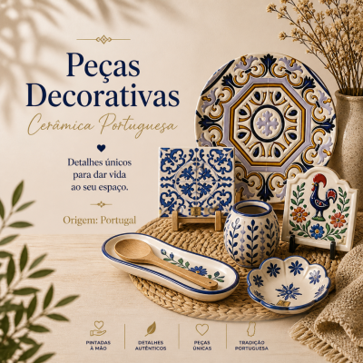 Peças decorativas em cerâmica portuguesa com padrões coloridos e detalhes tradicionais