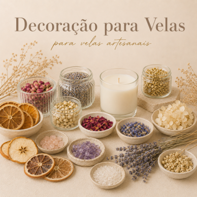 Decoração para velas artesanais com vela branca, flores secas, cristais e fatias de frutas secas em tigelas e frascos