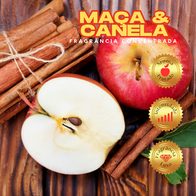 Maçã e canela sobre madeira com texto promocional e selos dourados