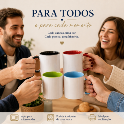 Quatro canecas brancas com interiores e asas coloridas a serem erguidas por pessoas sorridentes numa mesa