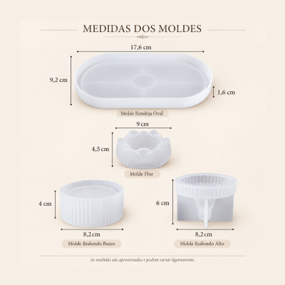 quatro moldes brancos de silicone com dimensões indicadas sobre fundo bege