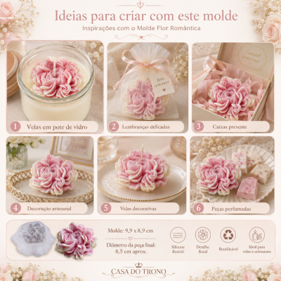 Molde floral silicone com ideias de uso para velas e artesanato em tons de rosa e branco