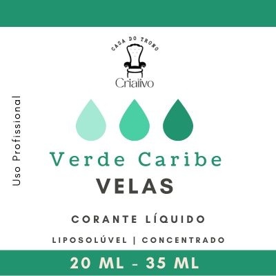 Etiqueta de corante líquido verde para velas com texto e gotas coloridas.