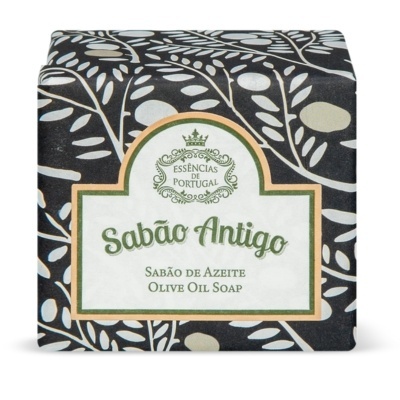 Embalagem de sabão com padrões de folhas, texto 'Sabão Antigo' e descrição de sabonete de azeite