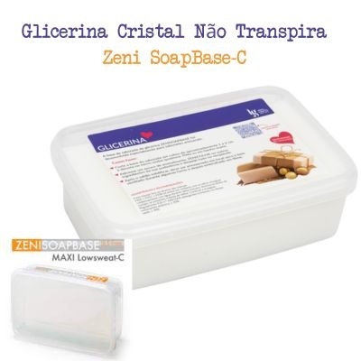 Embalagem branca de glicerina cristal Zeni SoapBase-C com rótulo azul e imagem de glicerina