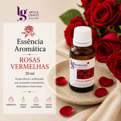 Frasco de essência aromática Rosas Vermelhas com pétalas e fundo bege