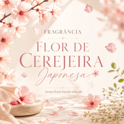Flores de cerejeira japonesas e texto sobre fragrância floral