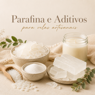 Parafina e aditivos para velas artesanais, vários formatos e texturas de parafina branca, vela em frasco de vidro, fundo com folhas verdes.
