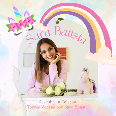 Promoção de coleção com Sara Batista, arco-íris, rapariga sorridente e unicórnio de pelúcia