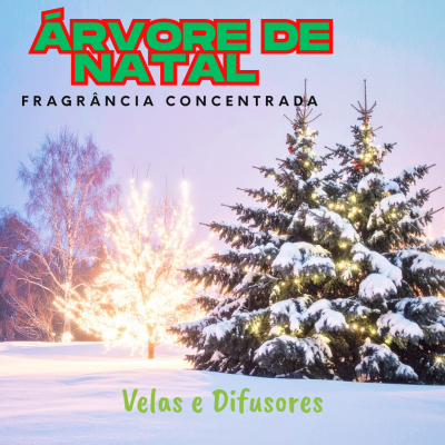 Árvore de Natal iluminada na neve com texto promocional em português