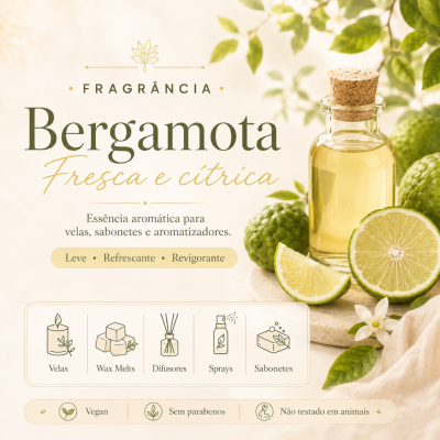 frasco de essência aromática de bergamota, frutas e flores ao redor