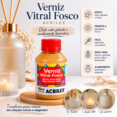 Frasco de verniz vitral fosco Acrilex com rótulo colorido e tampa vermelha
