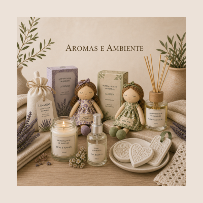 Produtos aromatizadores e bonecas aromáticas em ambiente decorativo com plantas e flores