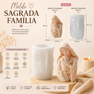 Molde de silicone branco para estátua da Sagrada Família em tom bege, com medidas e tipos de materiais que pode usar.